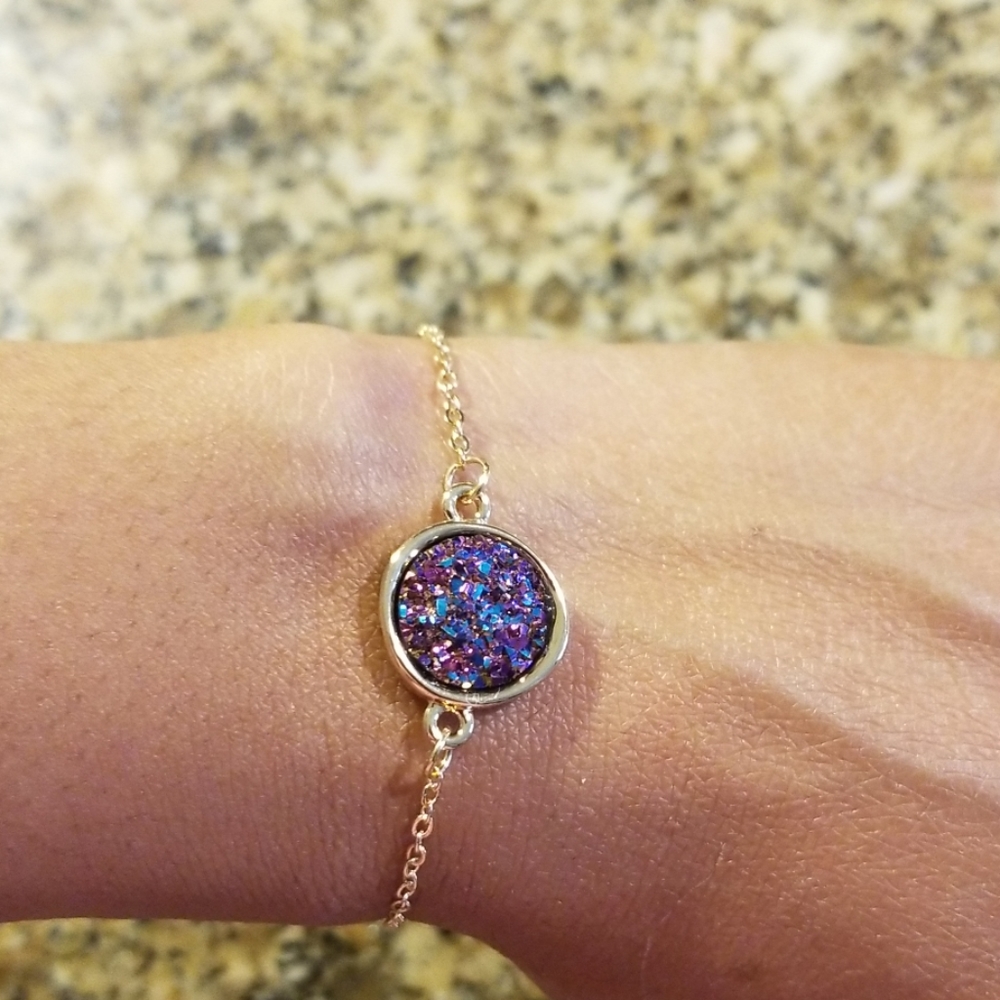 Purple Druzy Natural Geode Stone Bracelet